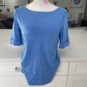 Jones New York Signature Casual Boatneck Cuffed Short Slv Cotton Top Blue Sz M